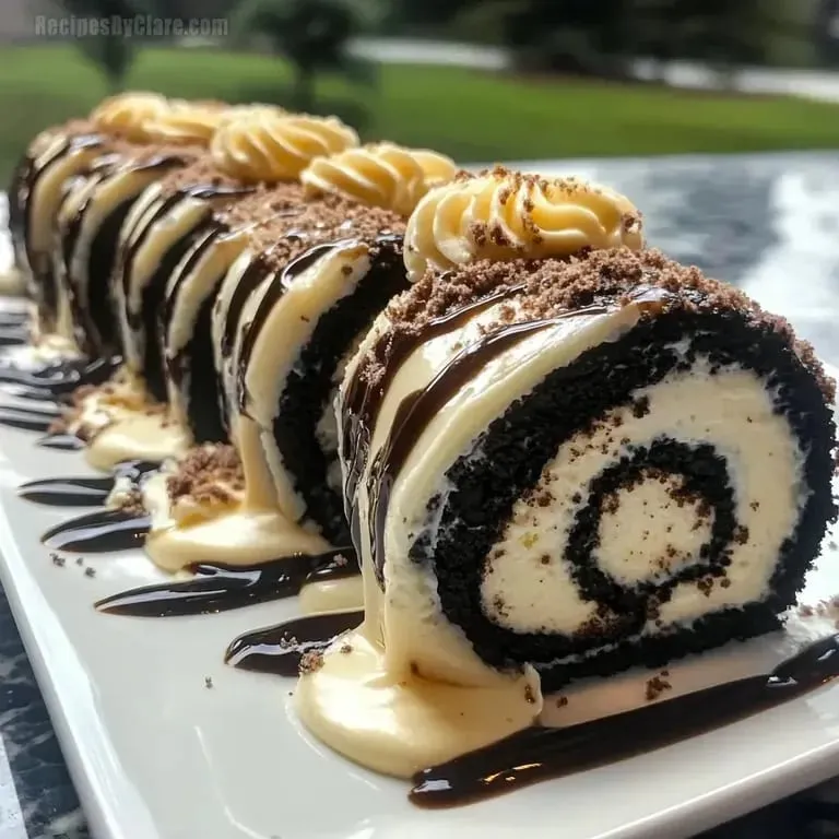 Cylindrical cake topped with chocolate and white swirls.