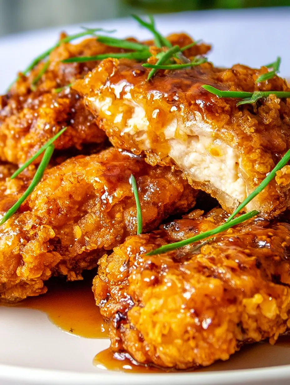 Plate with crispy fried chicken covered in sauce.