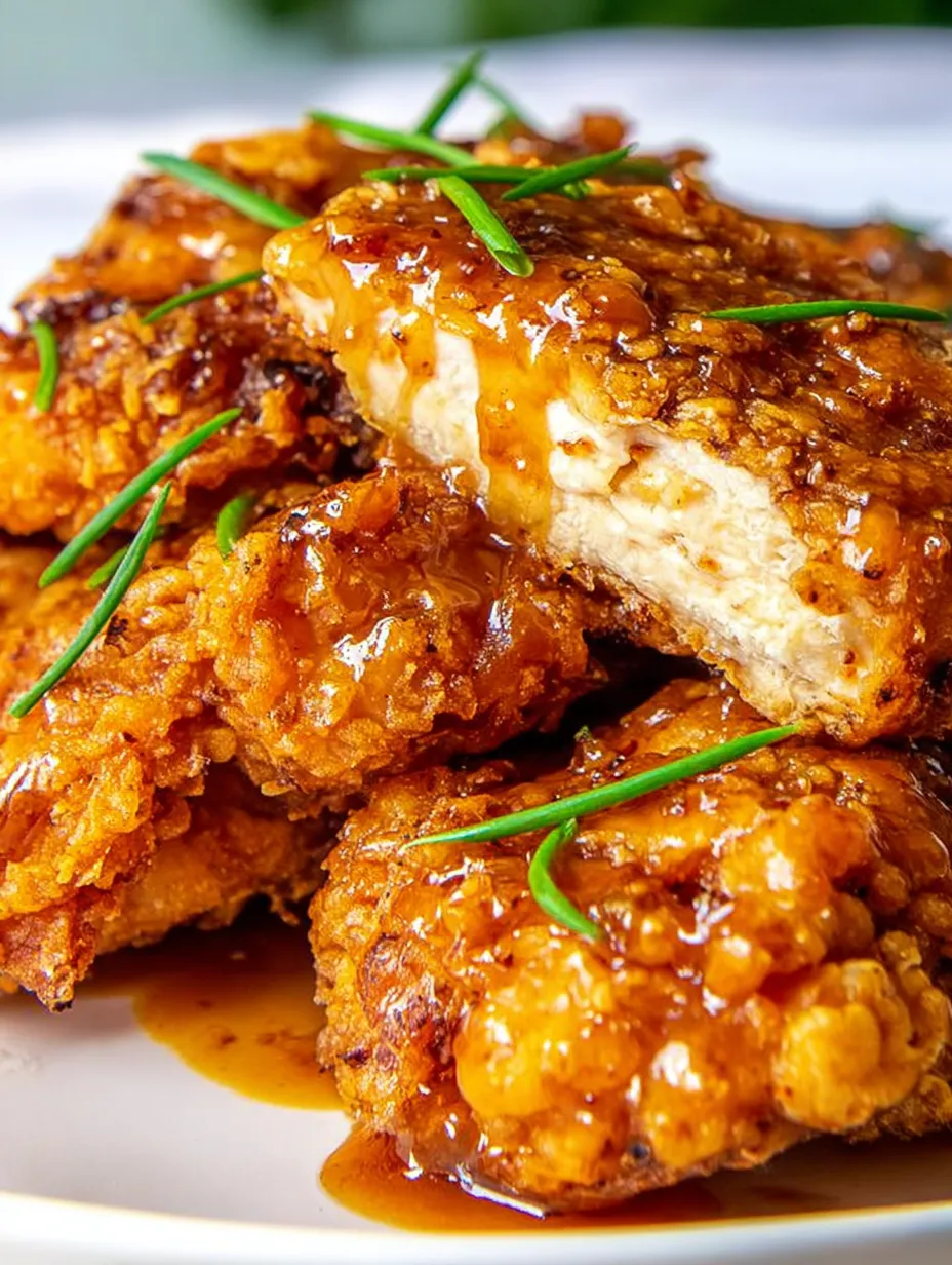 Tasty plate of fried chicken with sauce on top.