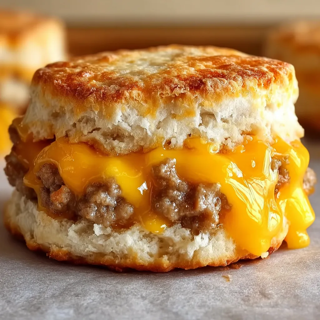 Biscuit sandwich with sausage and cheese inside.