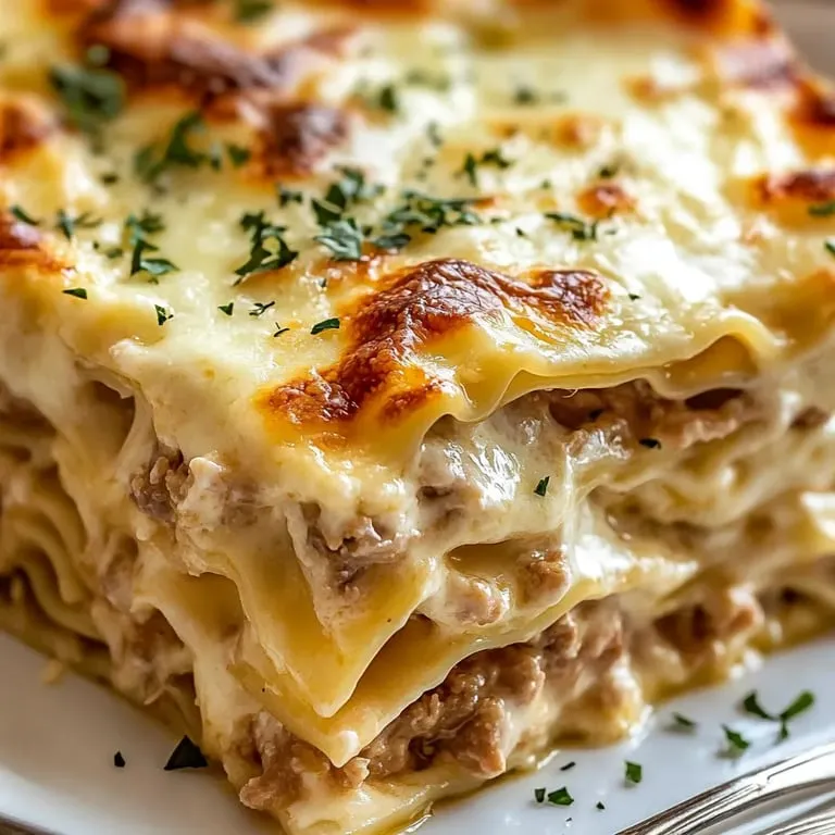 Stack of cheesy lasagna with meat layers
