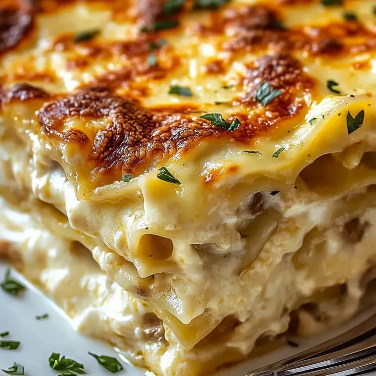 Close-up shot of a lasagna with melty cheese and herbs on top.
