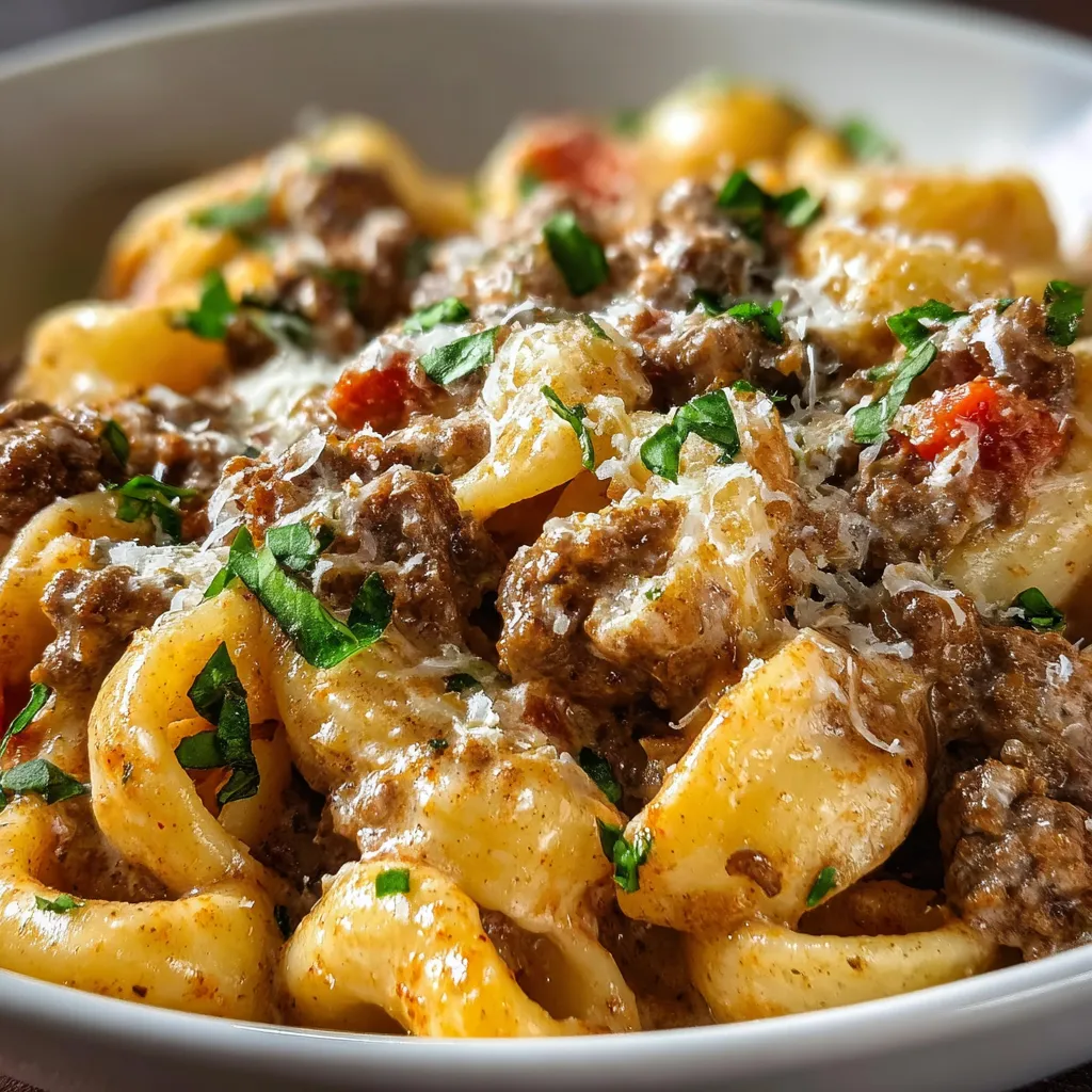 Bowl of pasta topped with meat and melted cheese.