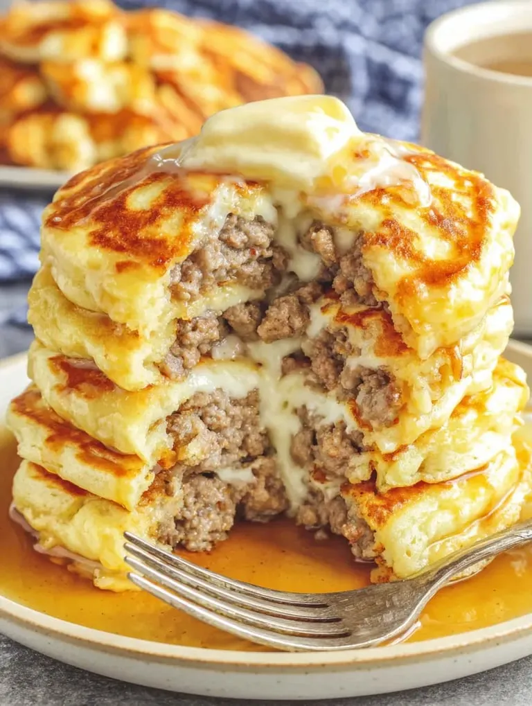 Stacked meat and cheese smothered in gravy.