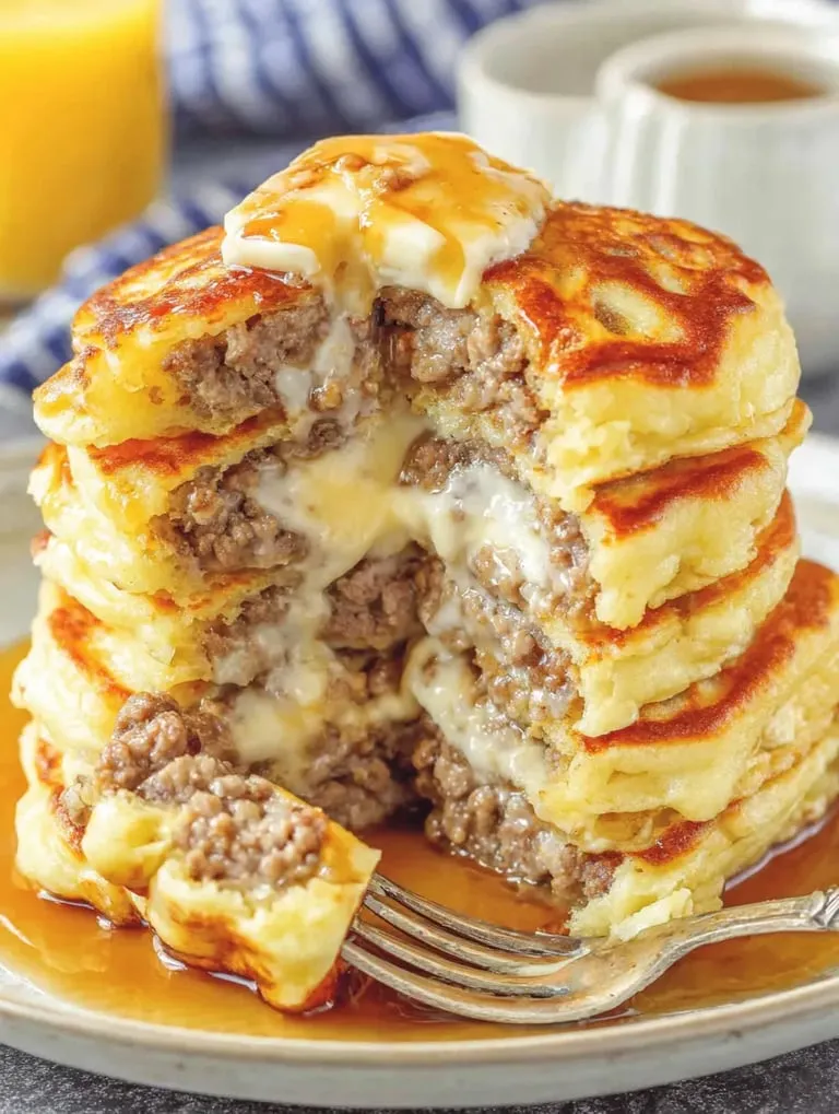 Stacked meat and cheesy patties.