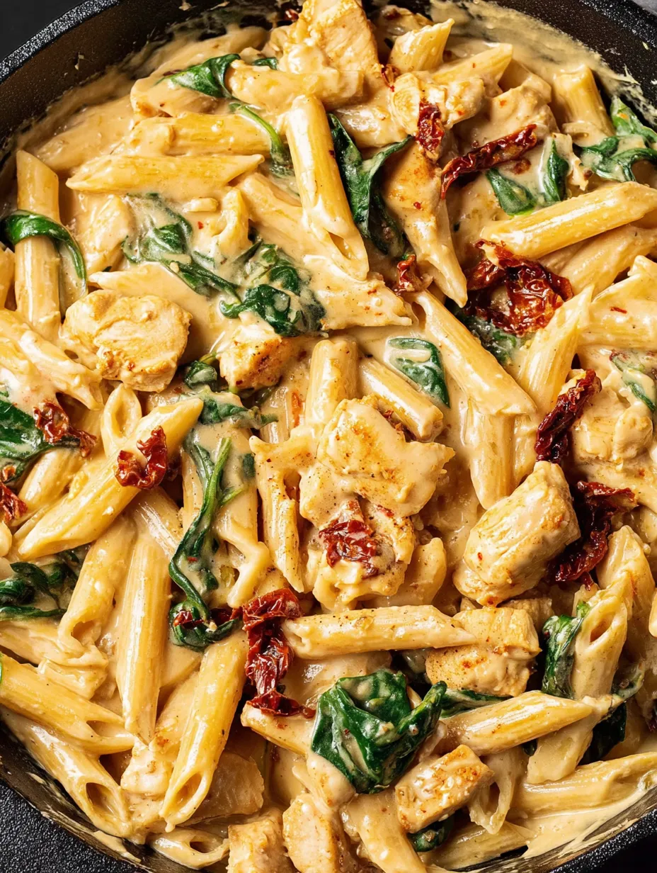 A bowl of pasta with chicken and spinach.