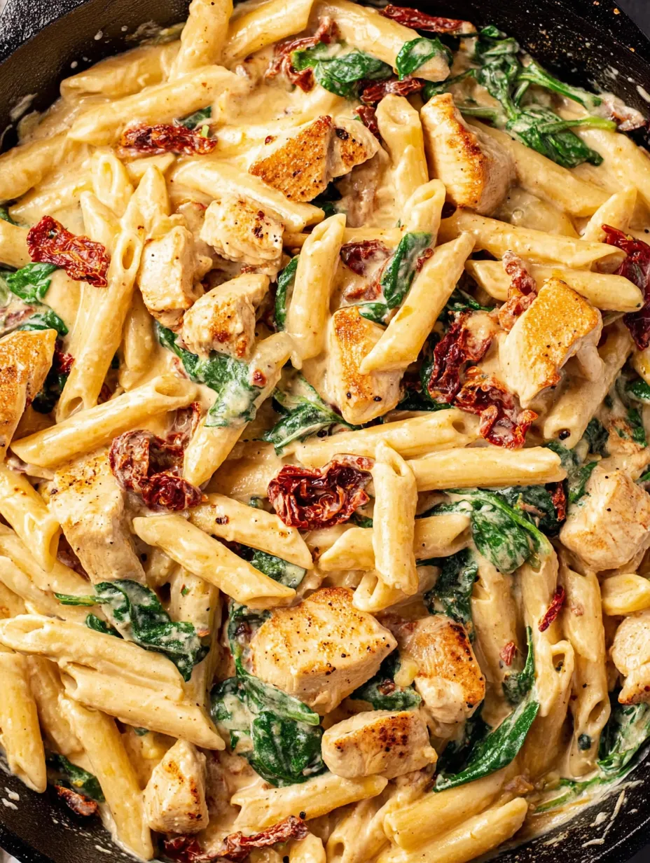 A plate of pasta with chicken and spinach.