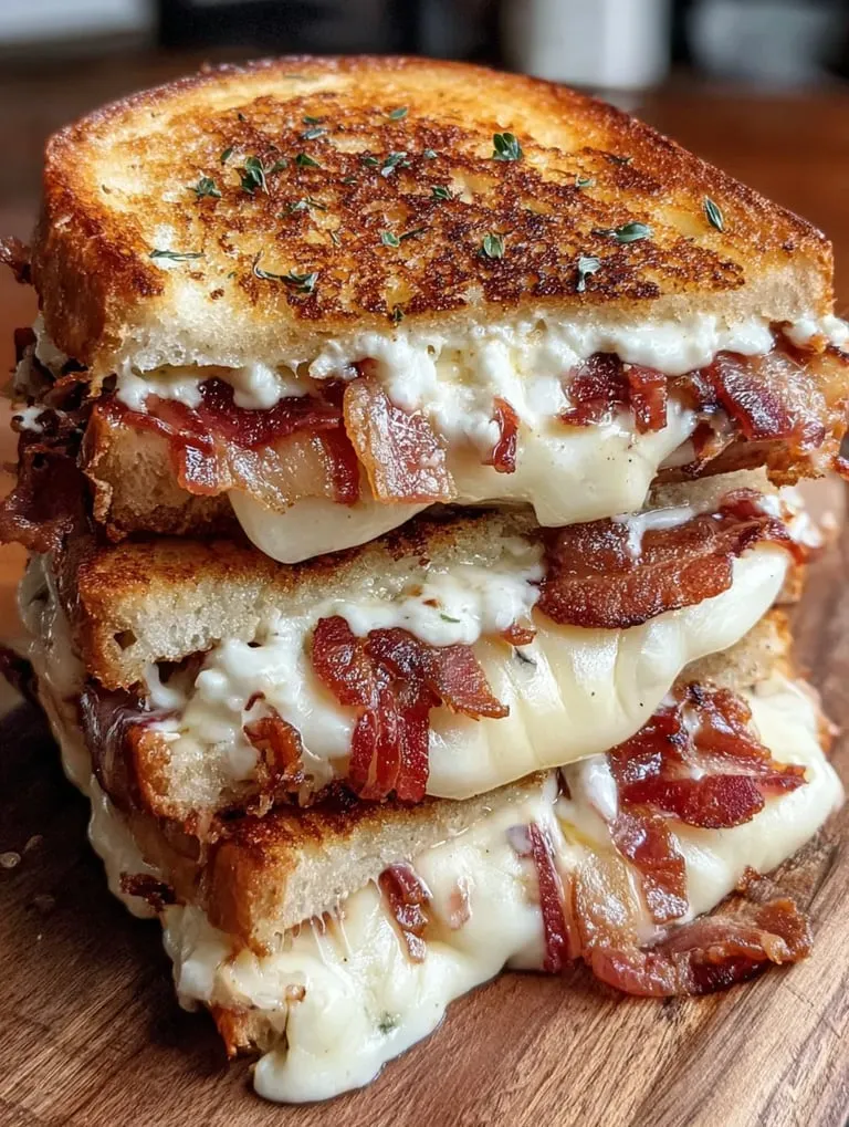 Stacked bacon and melty cheese sandwich.