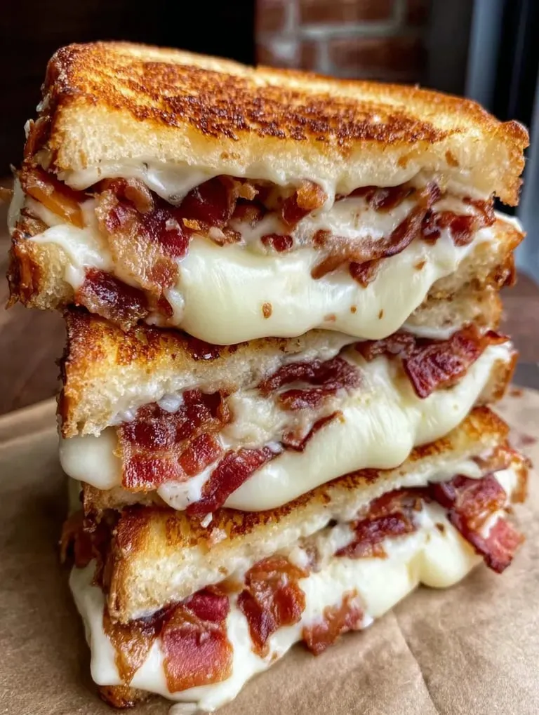 Stacked bacon and cheese sandwiches.