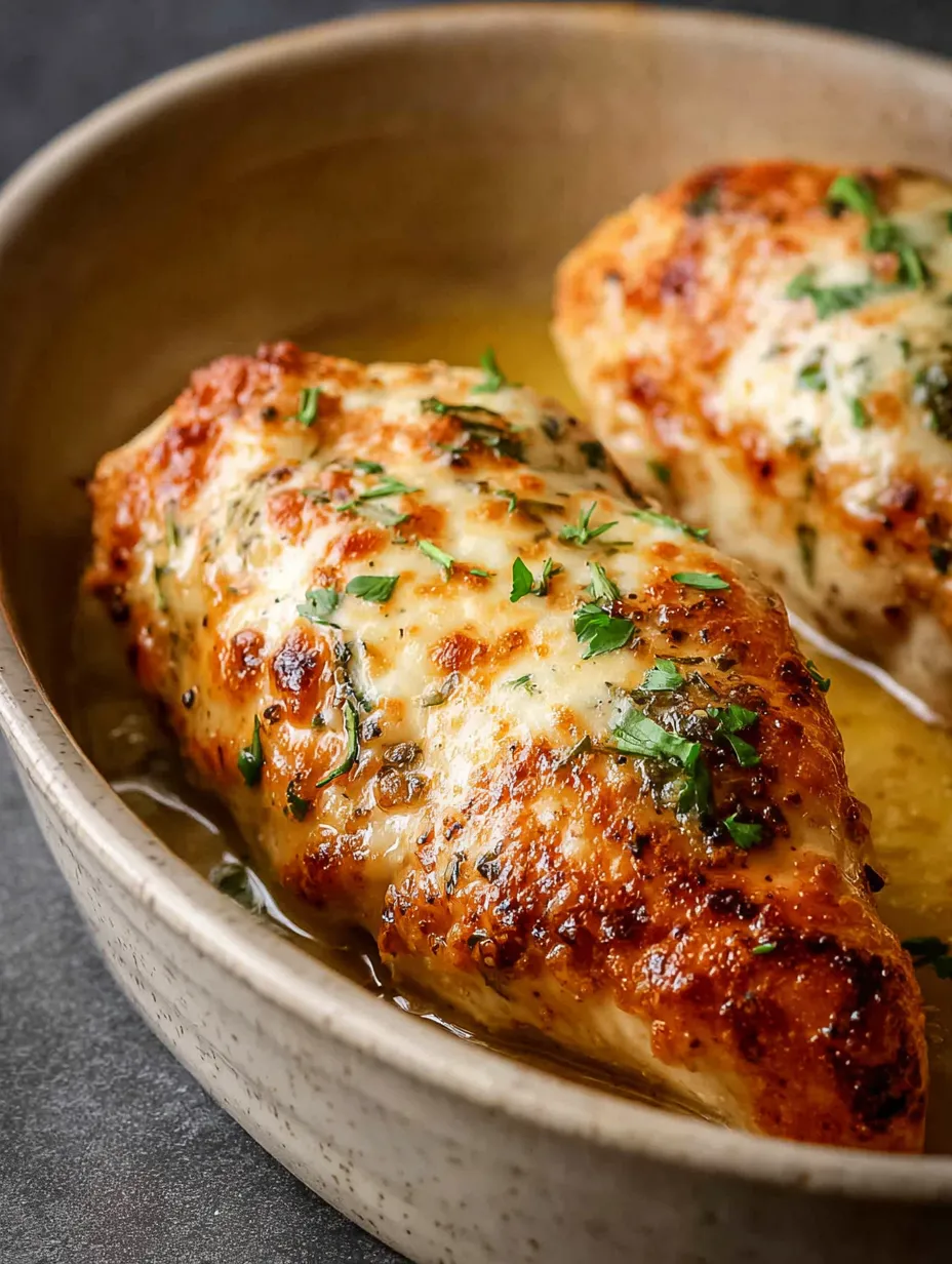 Bowl of tender chicken with cheese and herbs.
