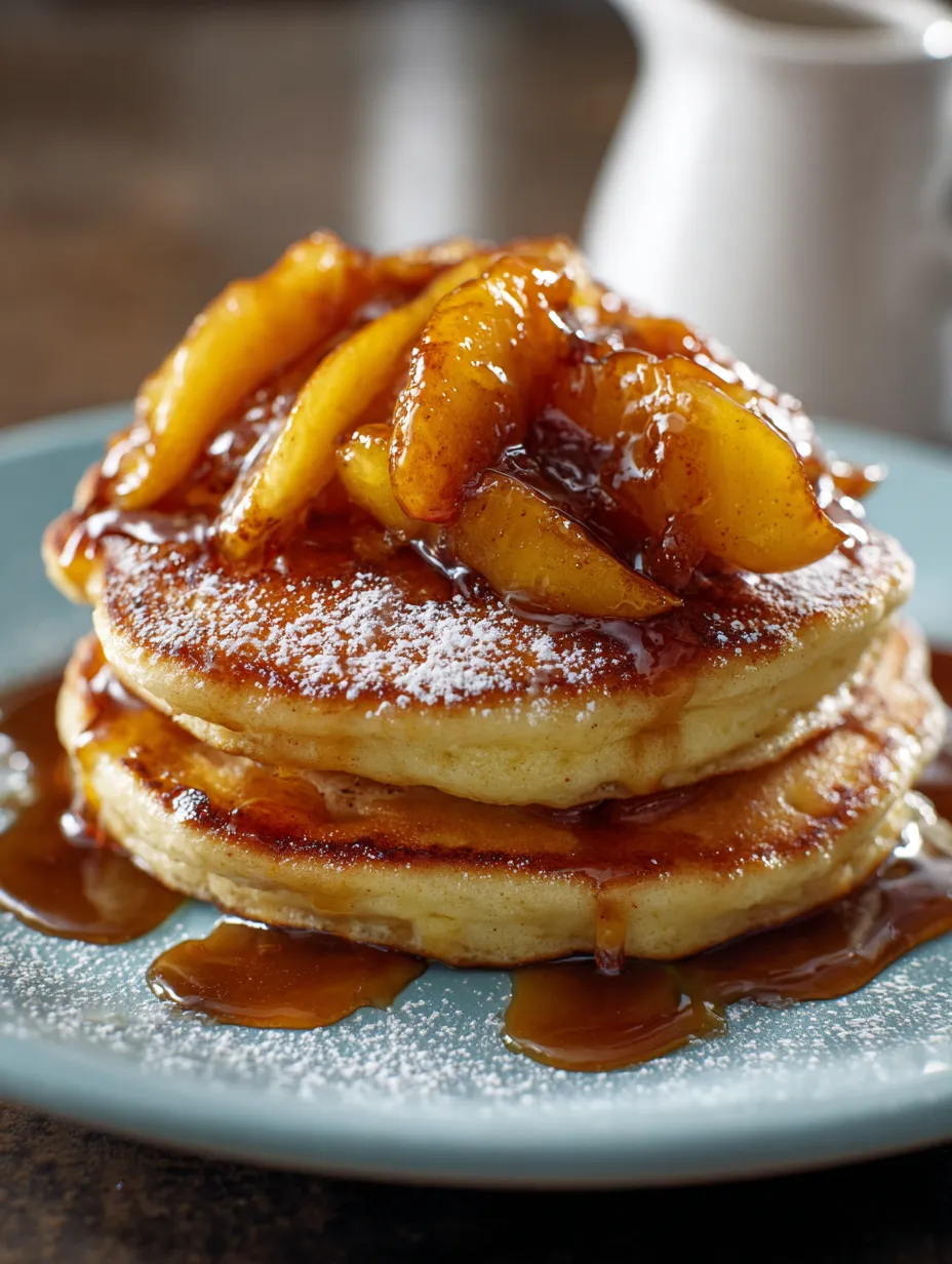 A tall stack of syrupy pancakes.
