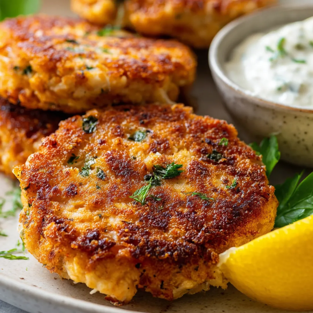 Plate with a lemon wedge and salmon cakes.