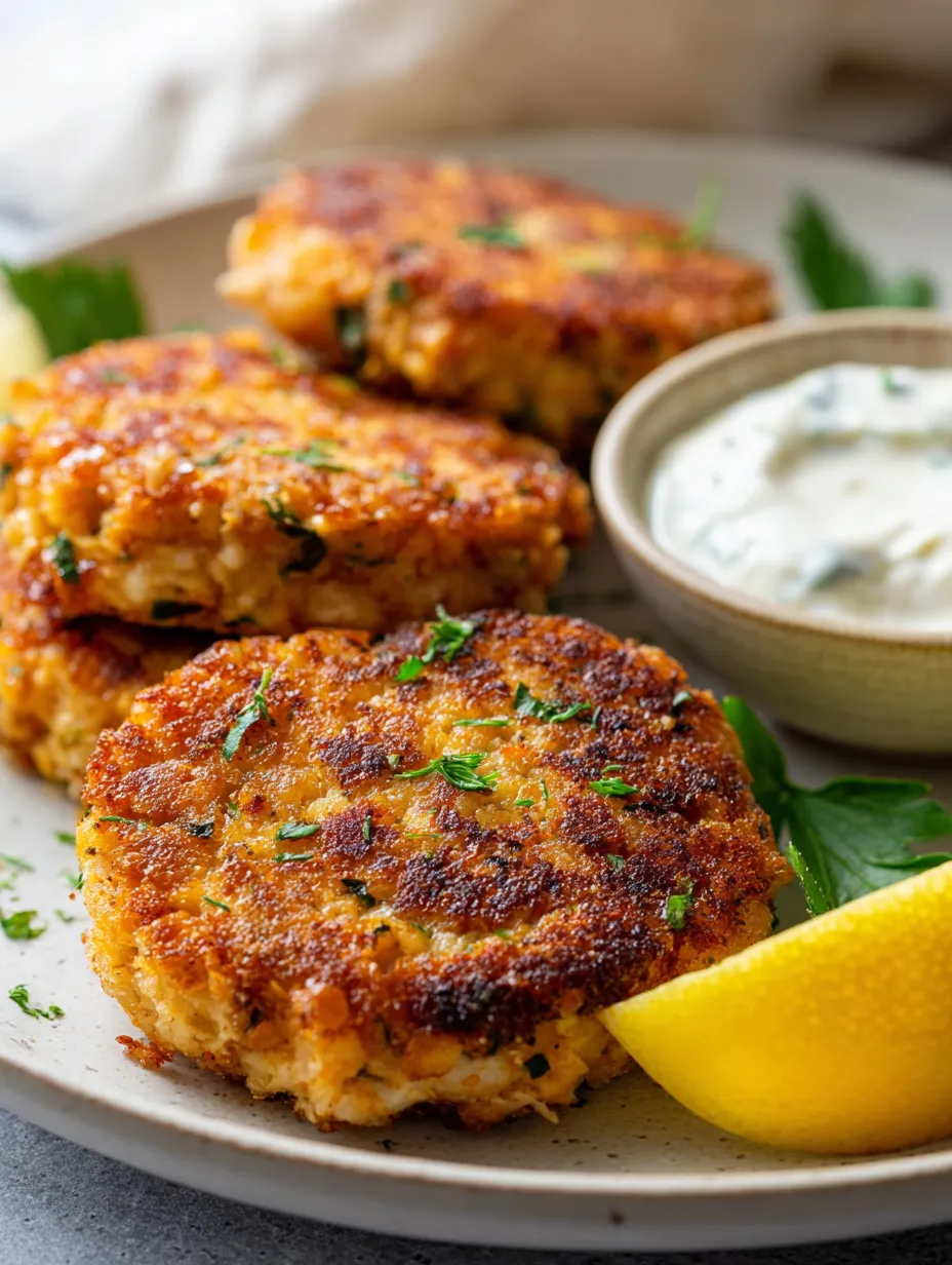 A plate of crab cakes with a bowl of dipping sauce.
