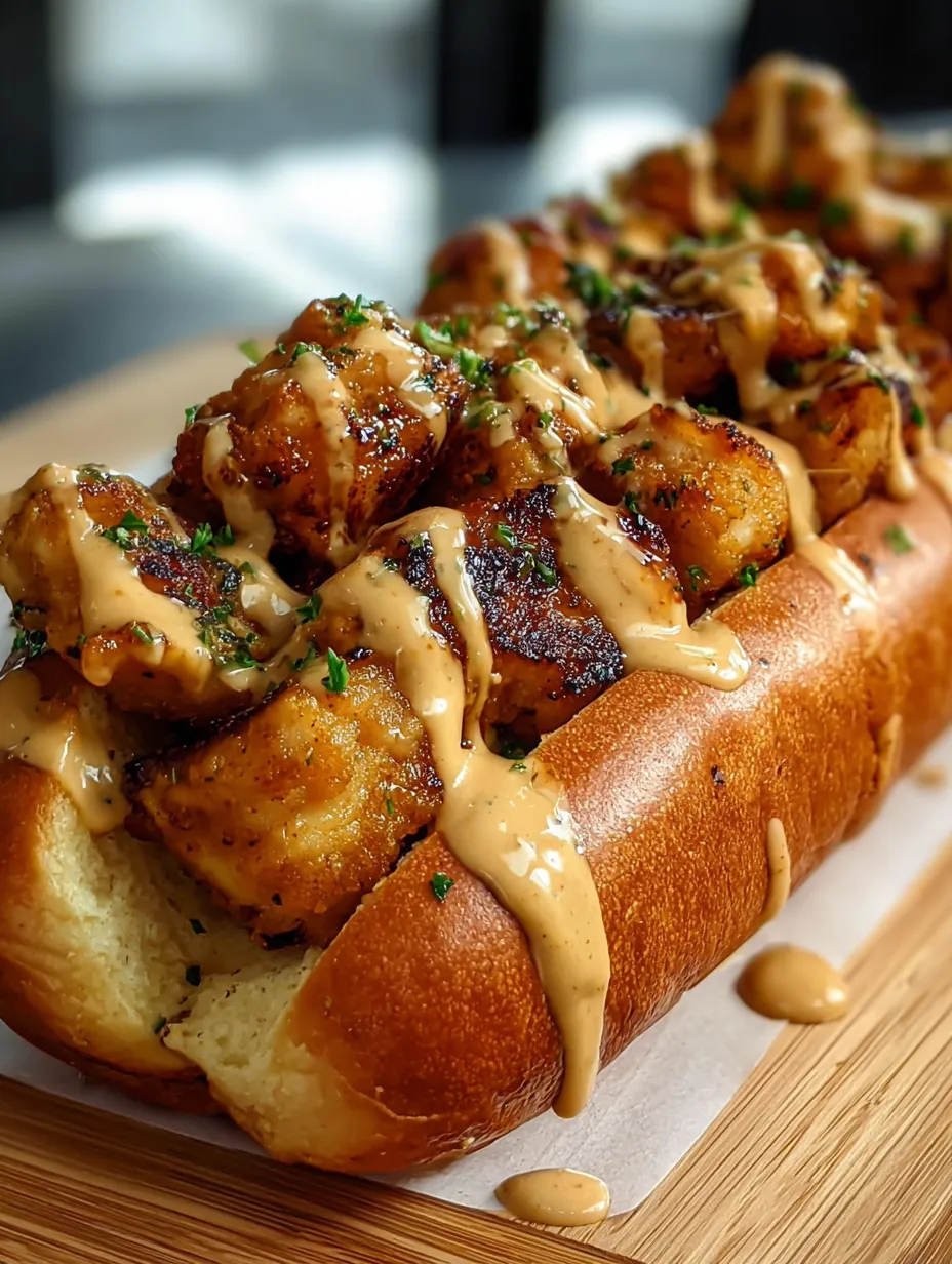 A hot dog with chicken and sauce.