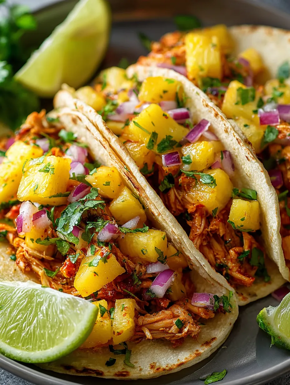 Two tacos with meat and pineapple.