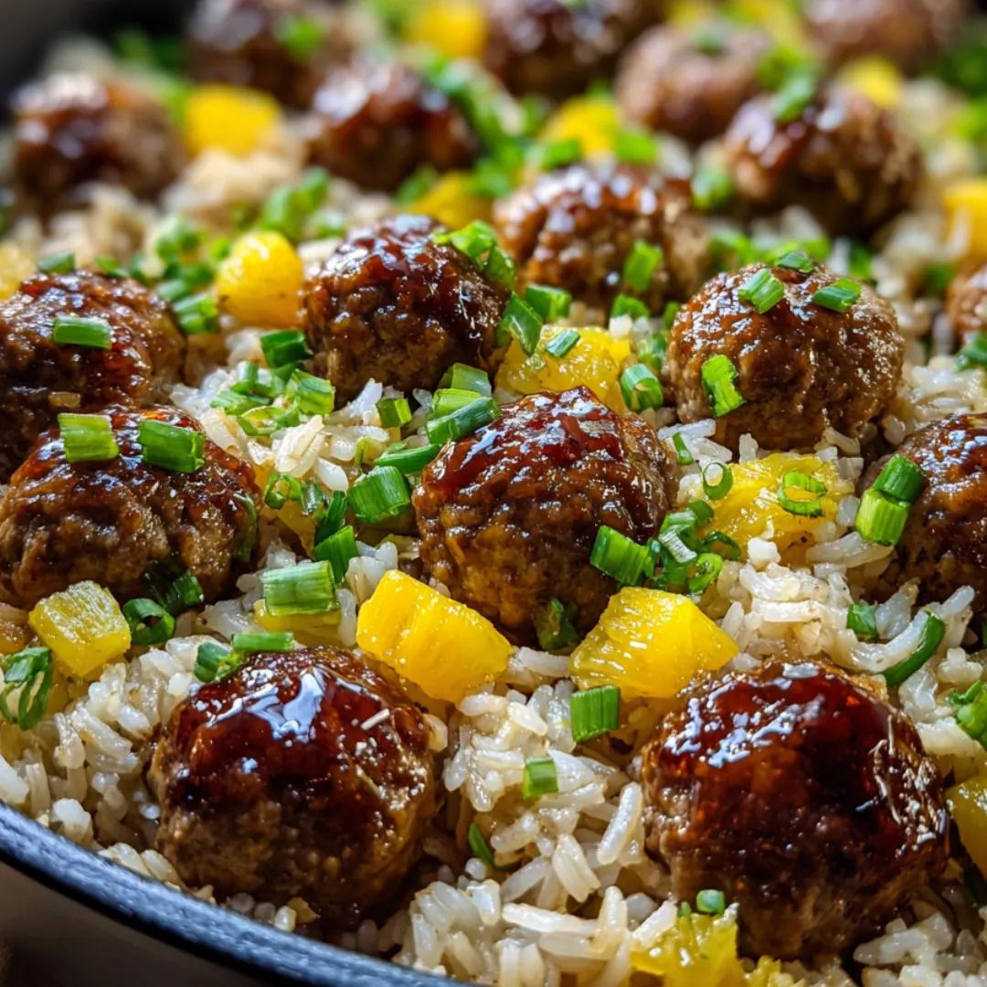 Bowl of rice topped with meatballs and colorful veggies.