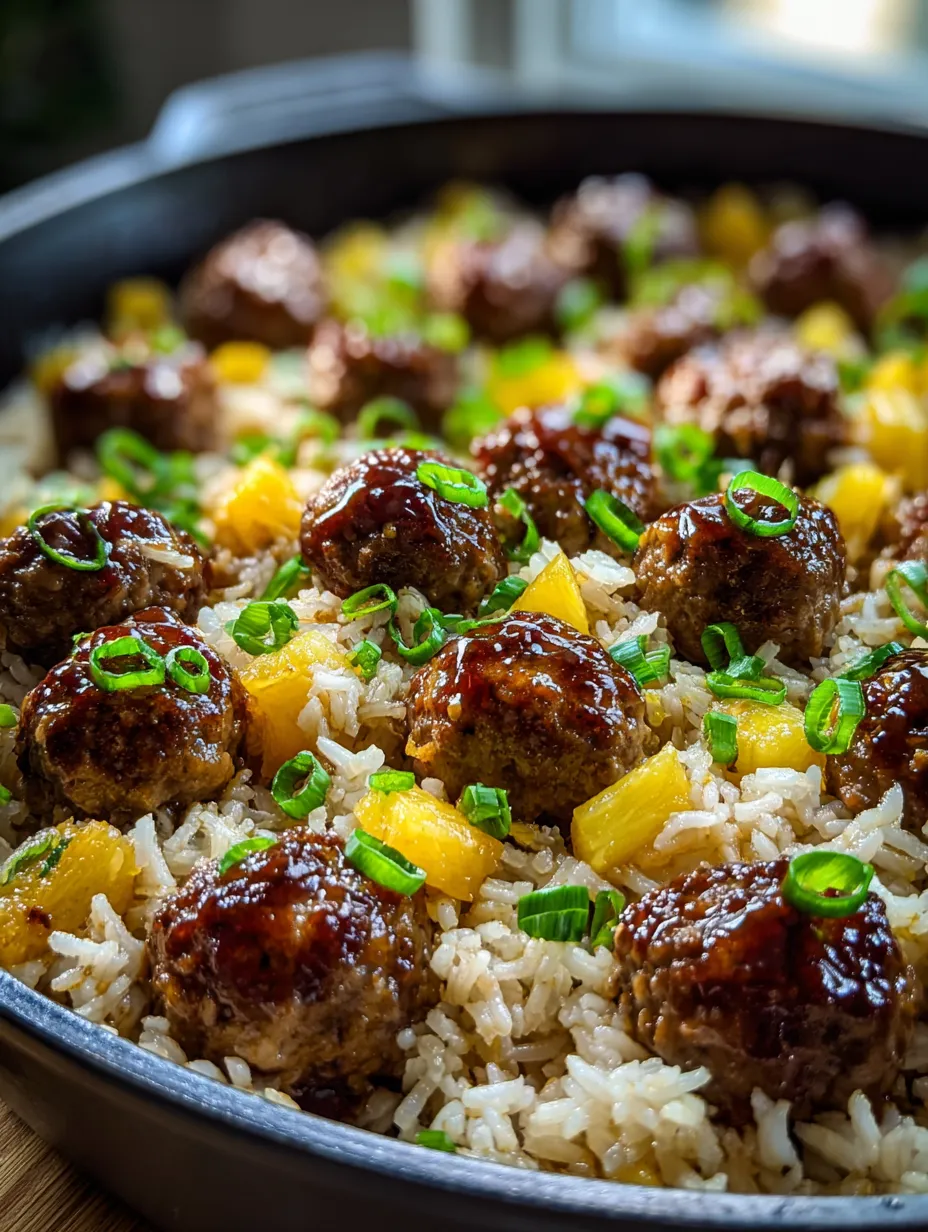 A bowl of rice with meatballs and pineapple.