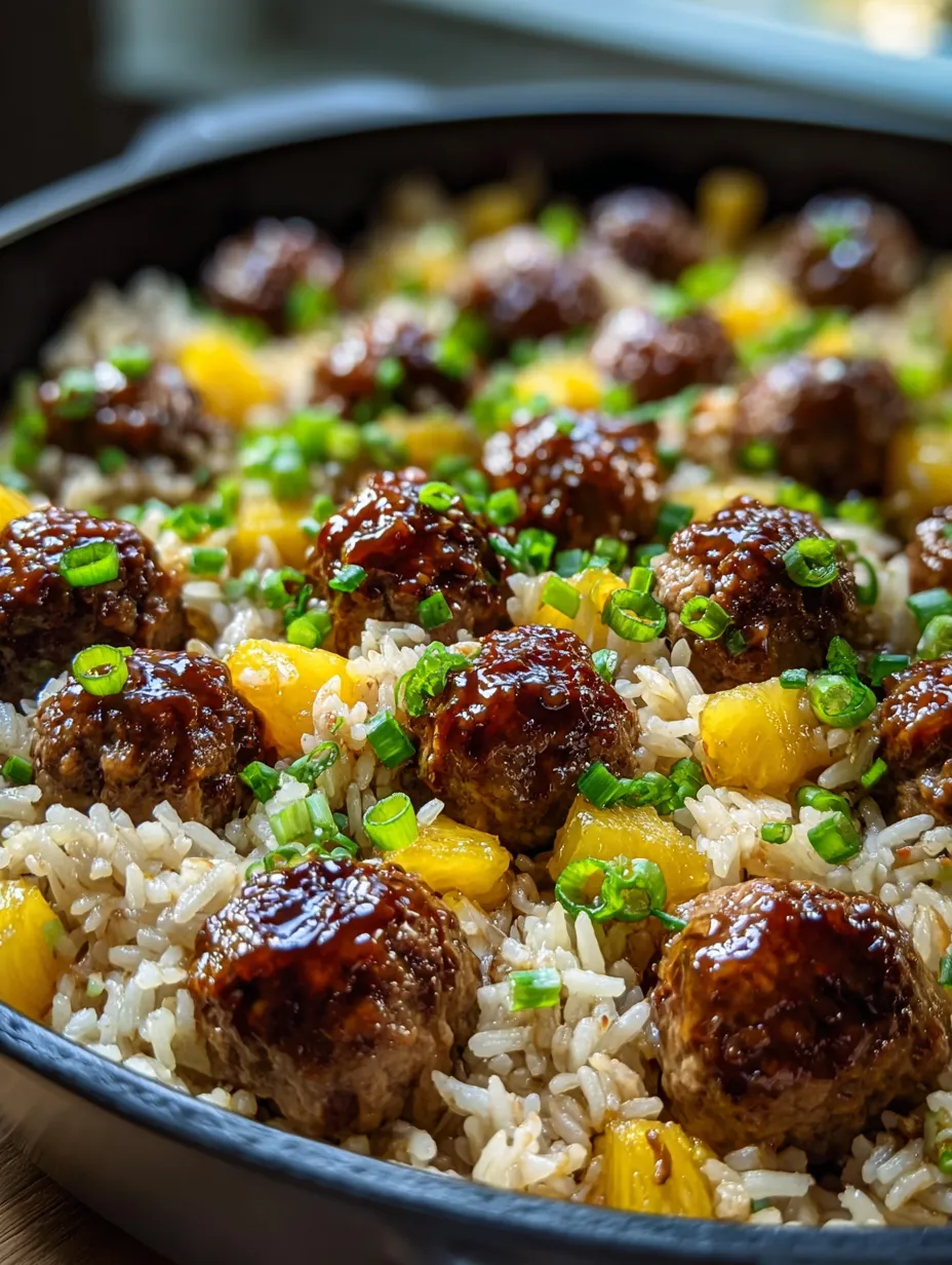 A bowl of rice with meatballs and pineapple.