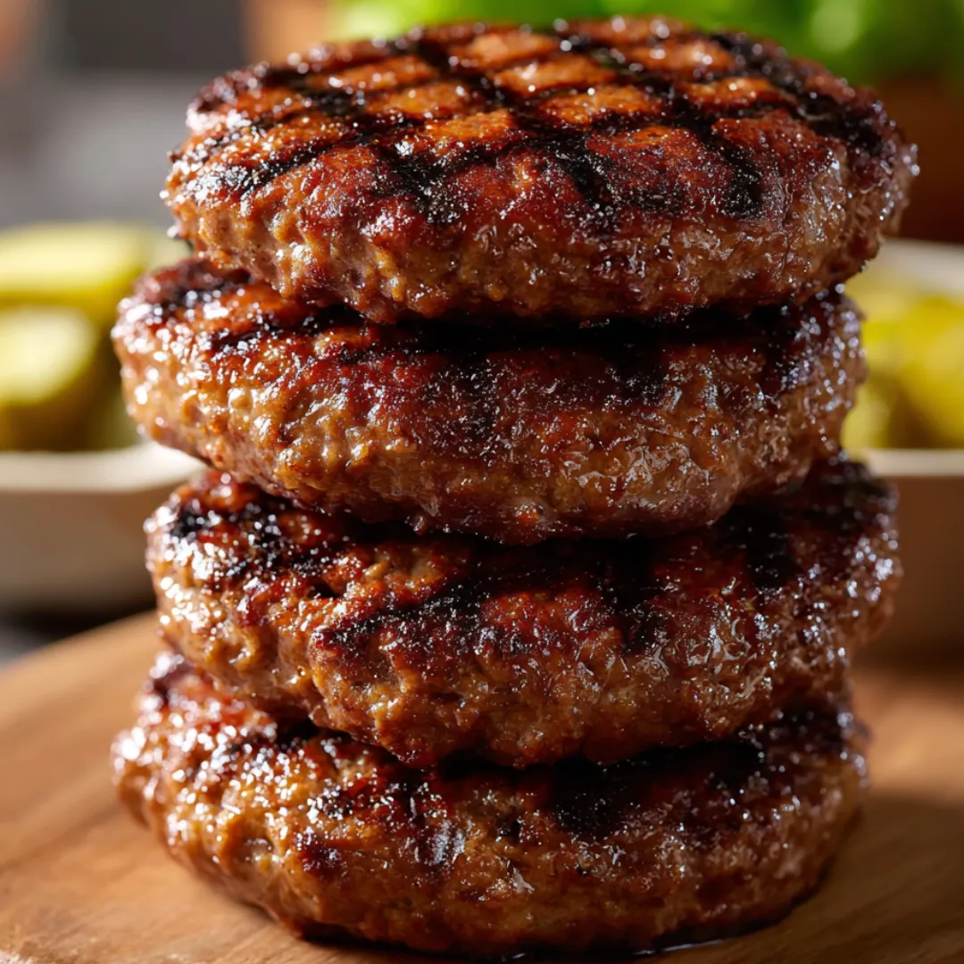 Three stacked burgers sitting on a wooden surface.
