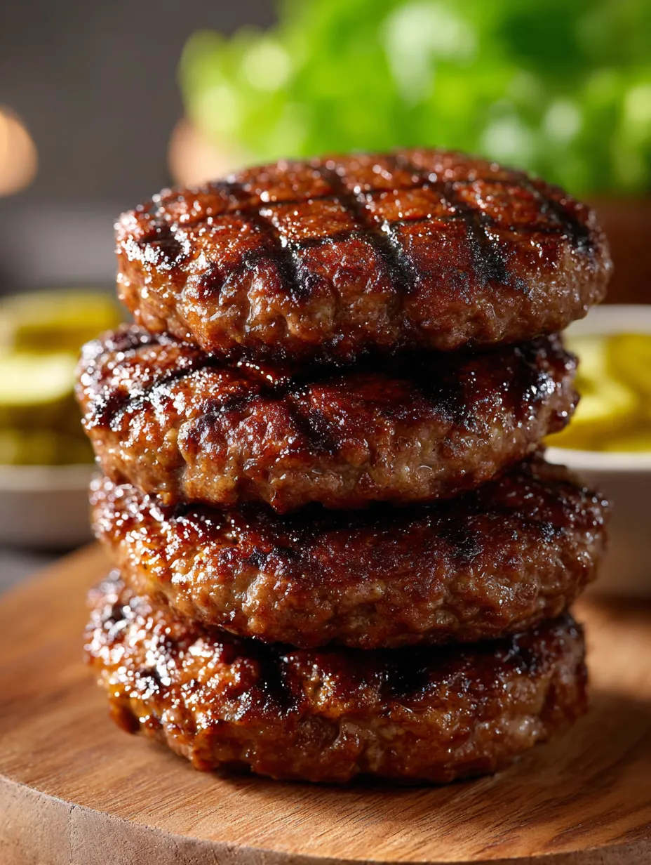 Stack of juicy burgers sitting on a wooden table.