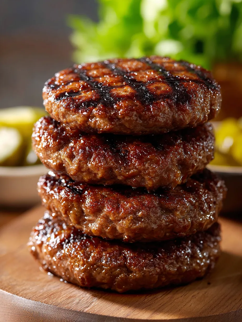 Several stacked burgers on a table.