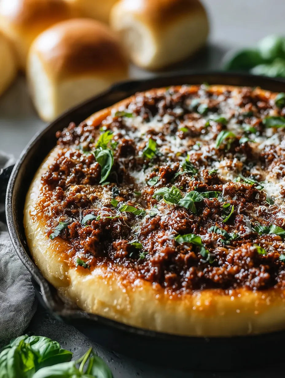A pizza with meat and cheese in a pan.