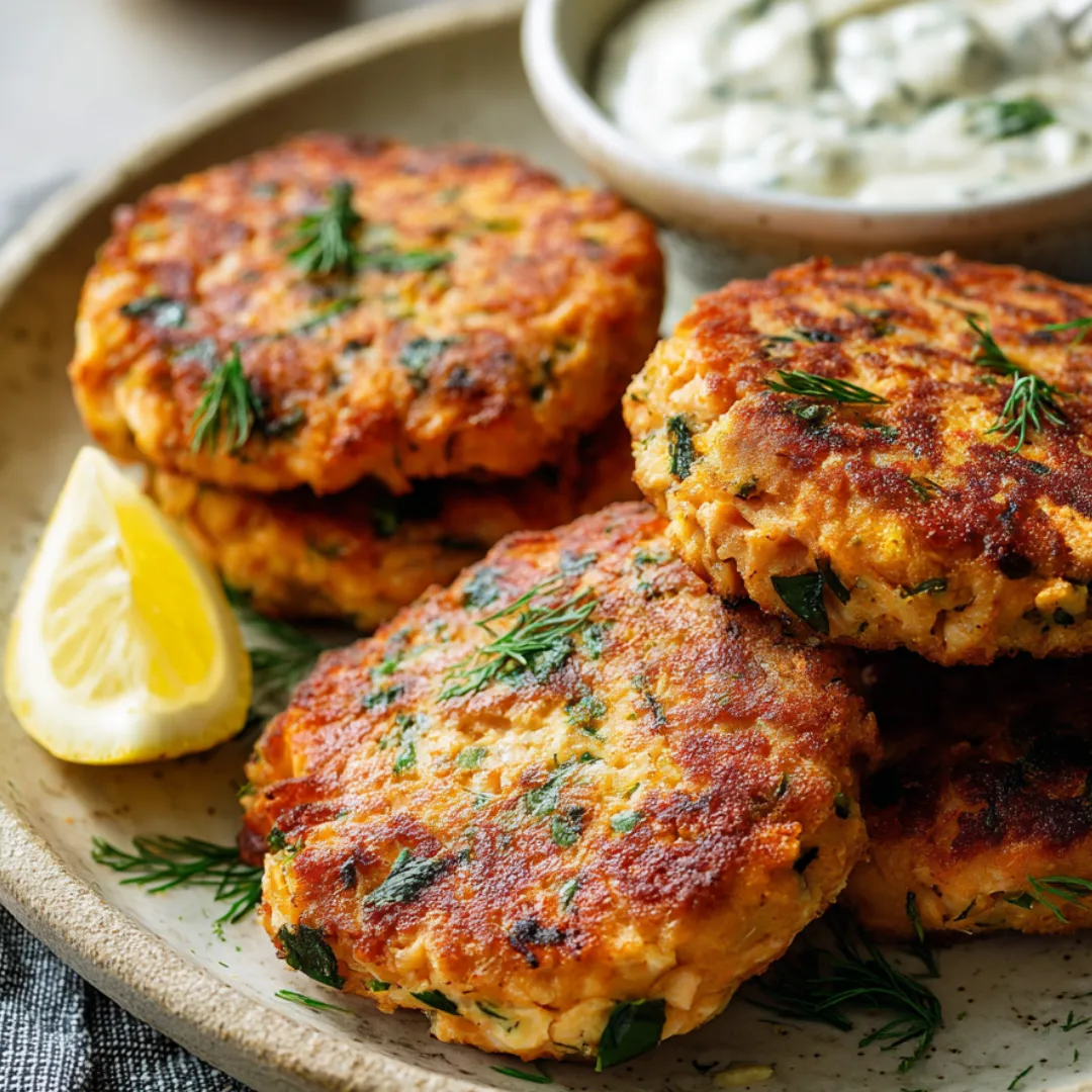 Plate with golden salmon cakes and a dipping sauce bowl.