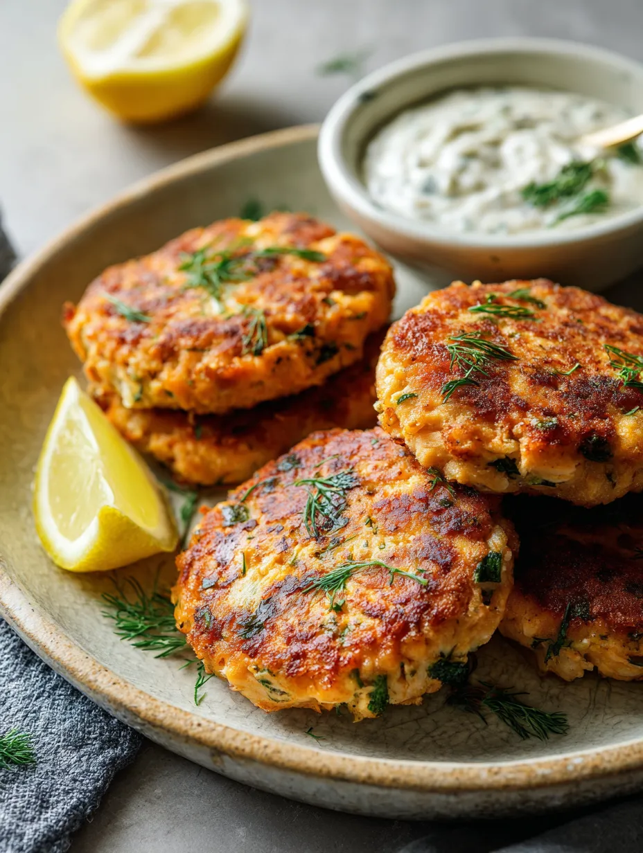 A plate of crab cakes with a lemon wedge.