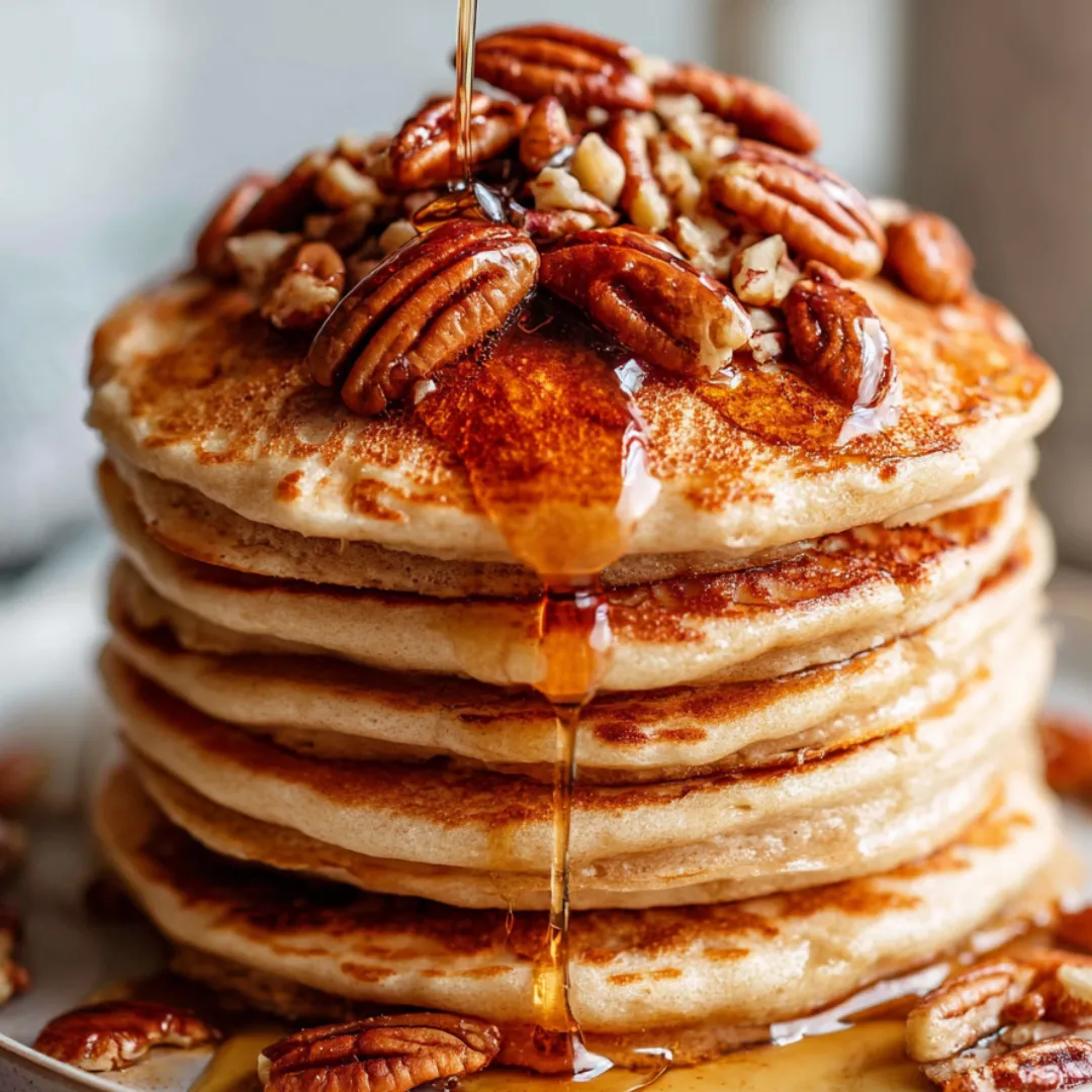 Stack of pancakes drizzled with syrup.