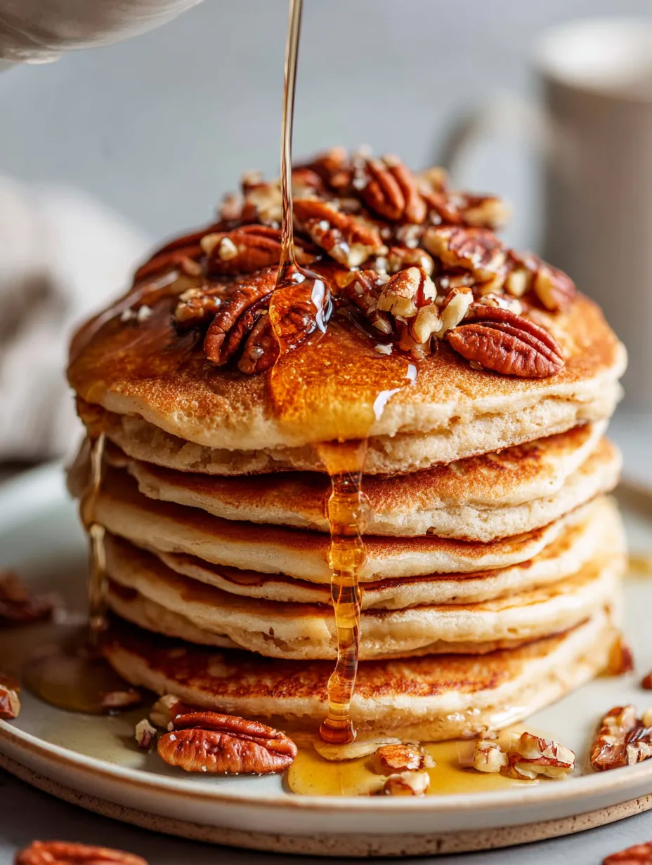 Pile of pancakes with syrup running down the sides.