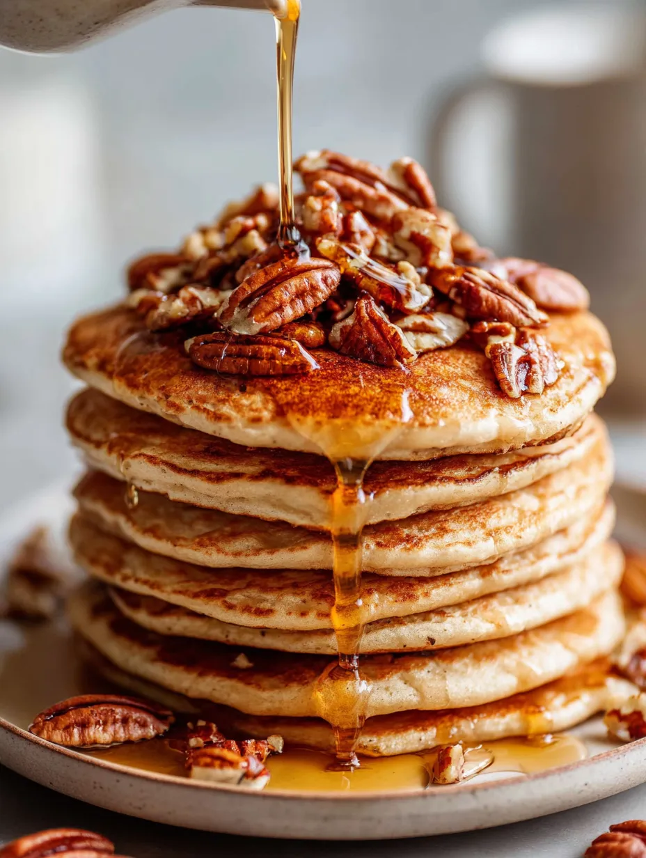 Stack of pancakes with syrup drizzled over them.