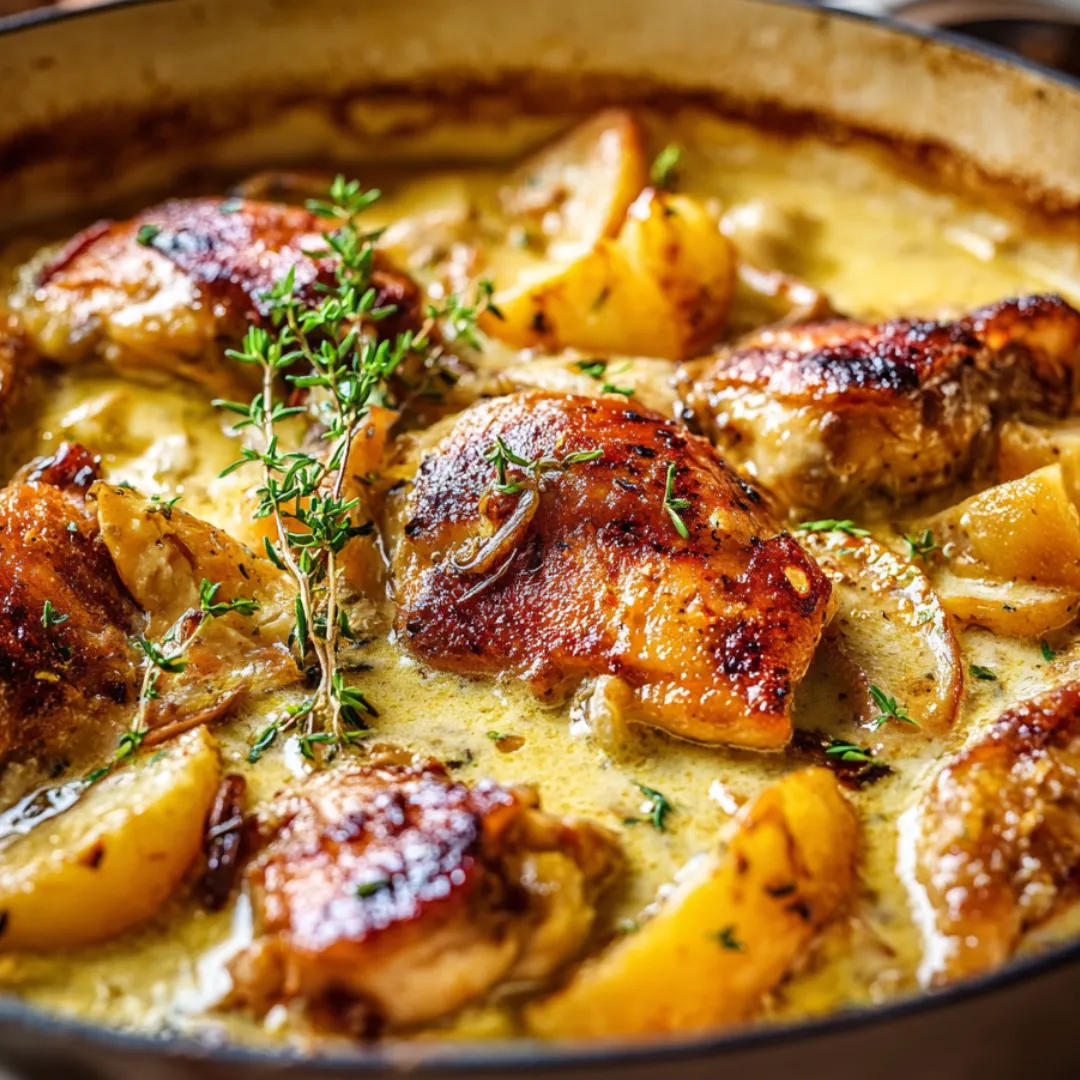 A bowl of chicken and potatoes.