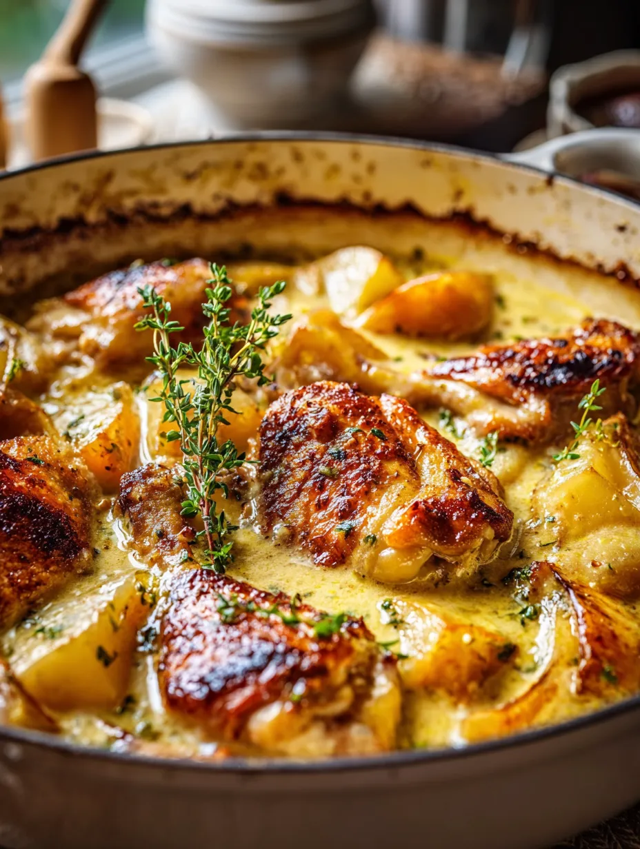 A pot filled with chicken and potatoes.