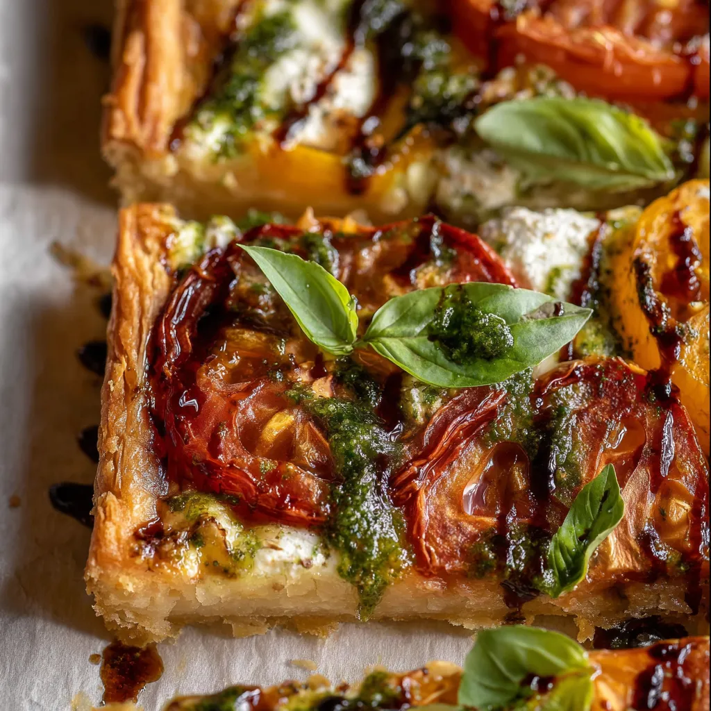 Slice of pizza with basil and tomatoes.