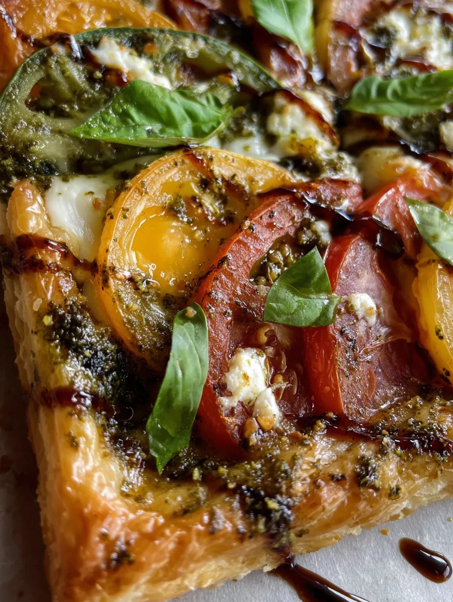 A slice of pizza with tomatoes and basil.