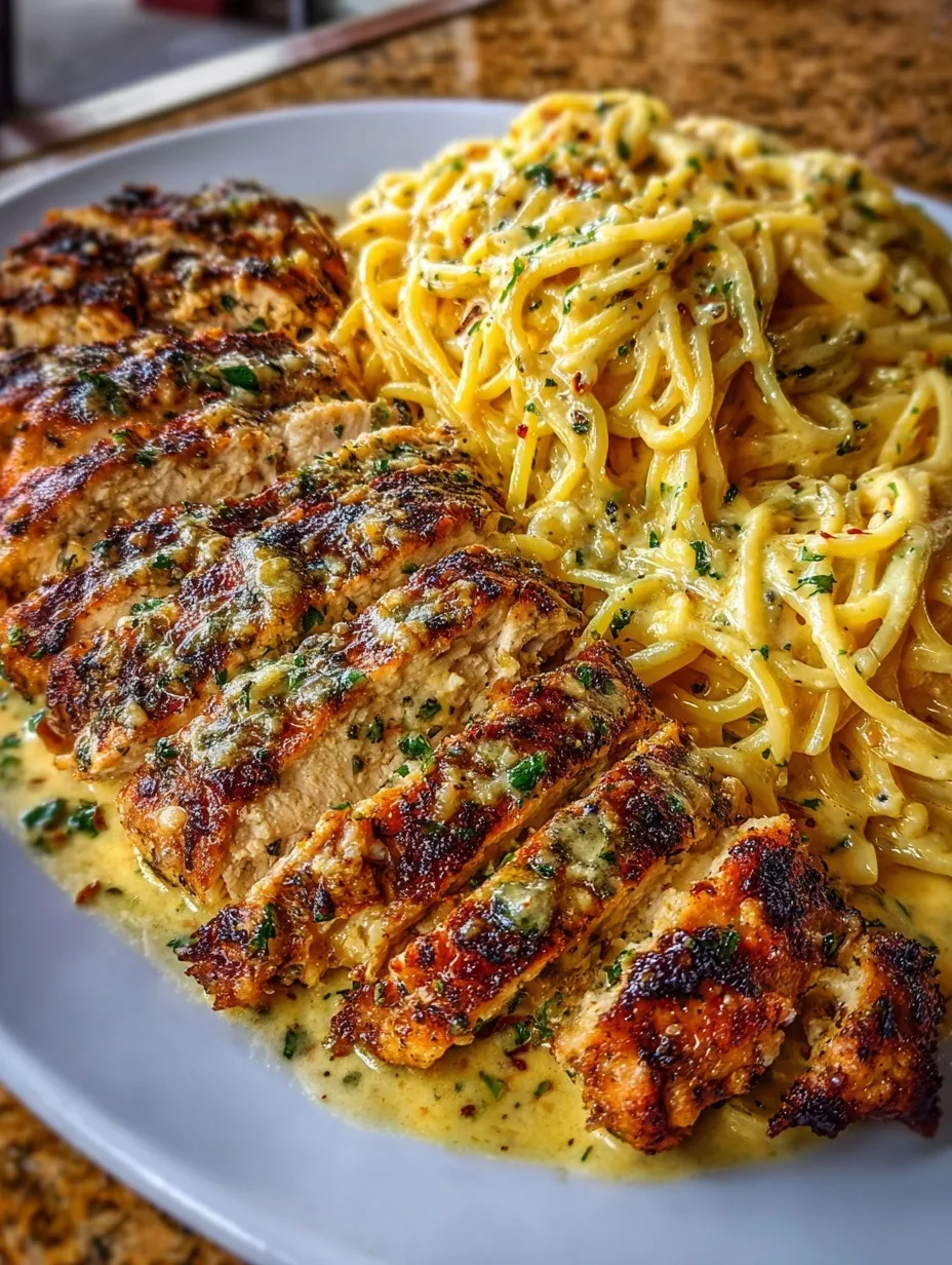 A plate of food with chicken and pasta.