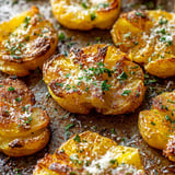 Potato slices covered in herbs and cheese.