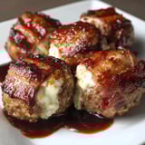 Juicy bacon-wrapped meatballs filled with cheese on a plate.
