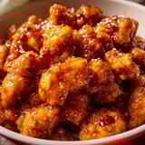 Chicken in a bowl covered with orange sauce.