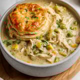 Bowl full of creamy chicken filling topped with a biscuit.
