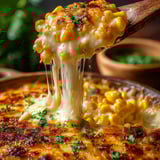 Closeup of cheesy baked corn and chicken casserole.