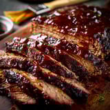Close shot of juicy beef on a wooden board with a knife.