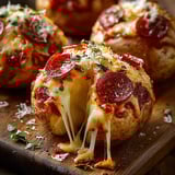 Cheesy pepperoni bites stacked on a plate.