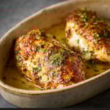 A bowl of chicken with herbs.