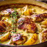 A bowl of chicken and potatoes.
