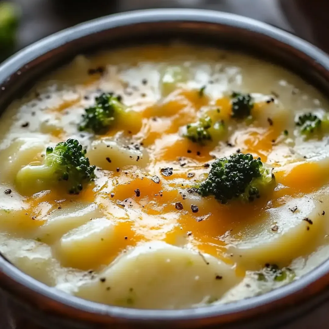 A bowl of soup with broccoli and cheese.