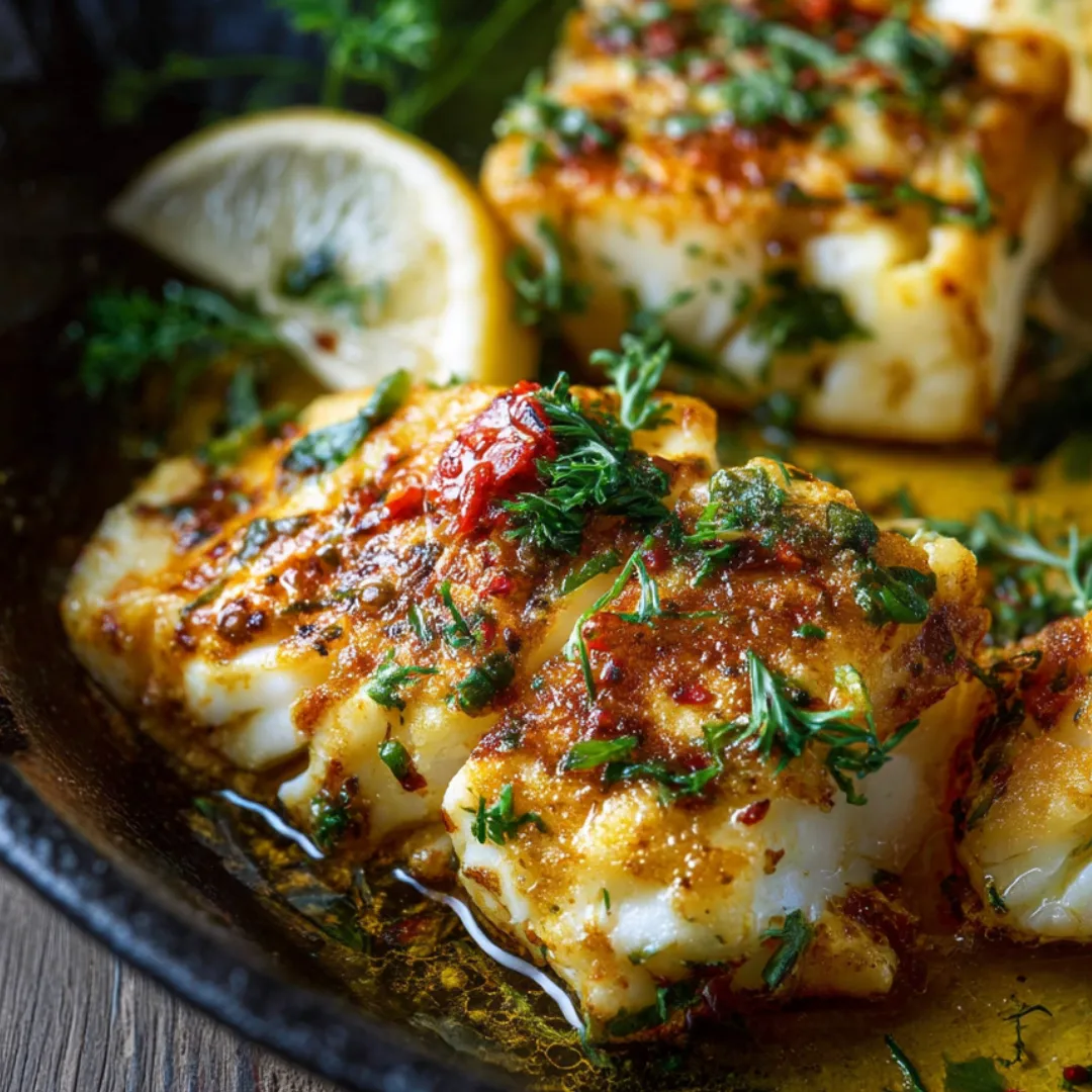 A pan of fish with lemon wedges on top.