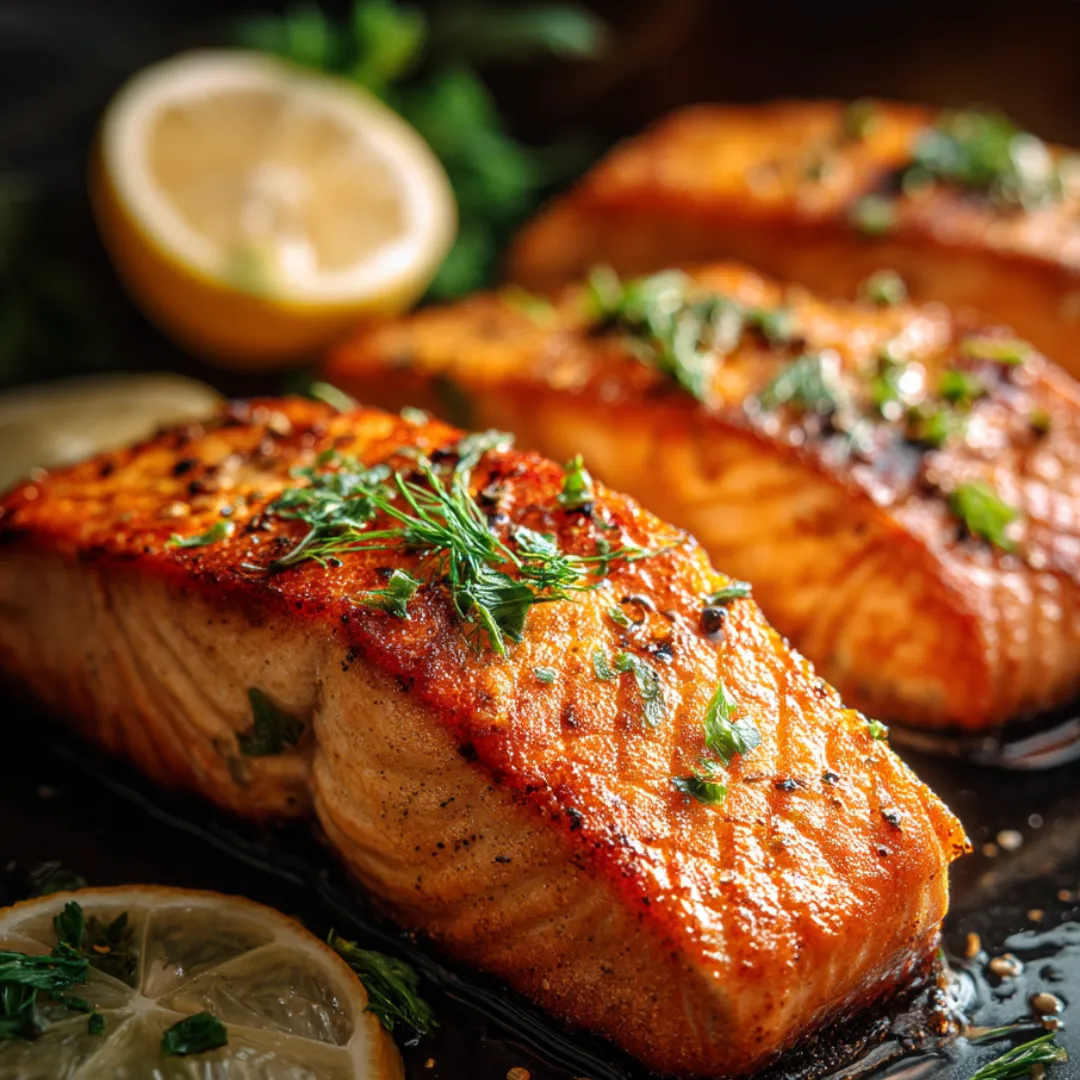 A plate of fish with lemon slices on top.