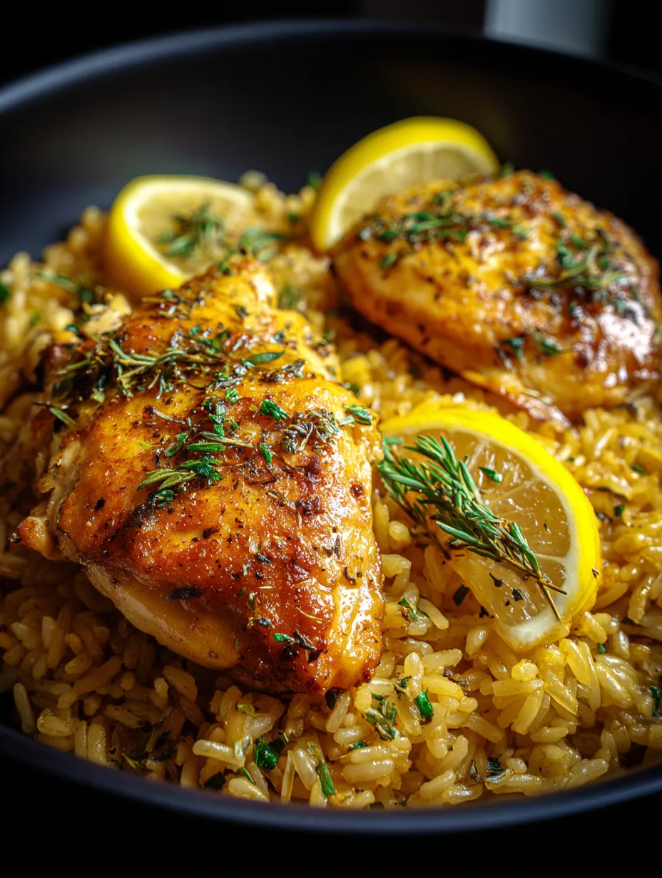 A bowl of rice with chicken and lemon wedges.
