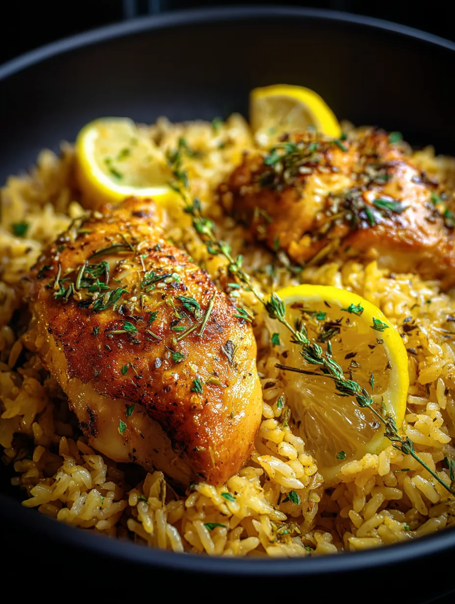 A bowl of rice with chicken and lemon slices.